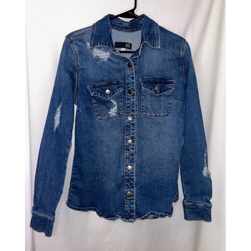 KUT from the Kloth Denim Distressed Long Sleeve Button Down Jacket‎ Medium